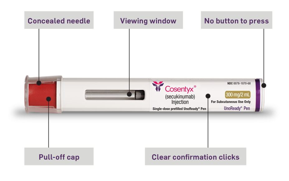 300-mg UnoReady Pen showing concealed needle, viewing window, pull-off cap, with clear confirmation clicks and no button to press