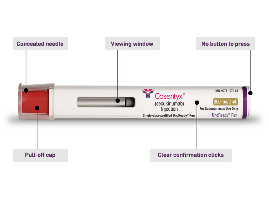 Components of COSENTYX® Unoready pen including concealed needle, viewing window, easy, no-button to press, latex free, pull off cap, clear confirmation clicks.