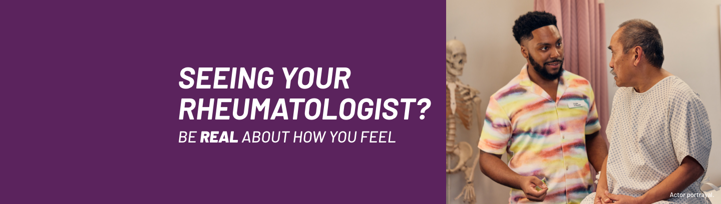 A patient speaks with their rheumatologist about ankylosing spondylitis (AS) with help from Clyde the Guide.