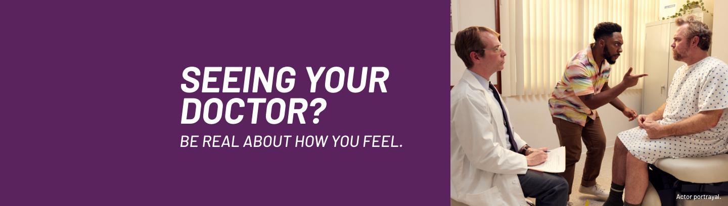 A patient speaks with their doctor about psoriasis (PsO) with help from Clyde the Guide.