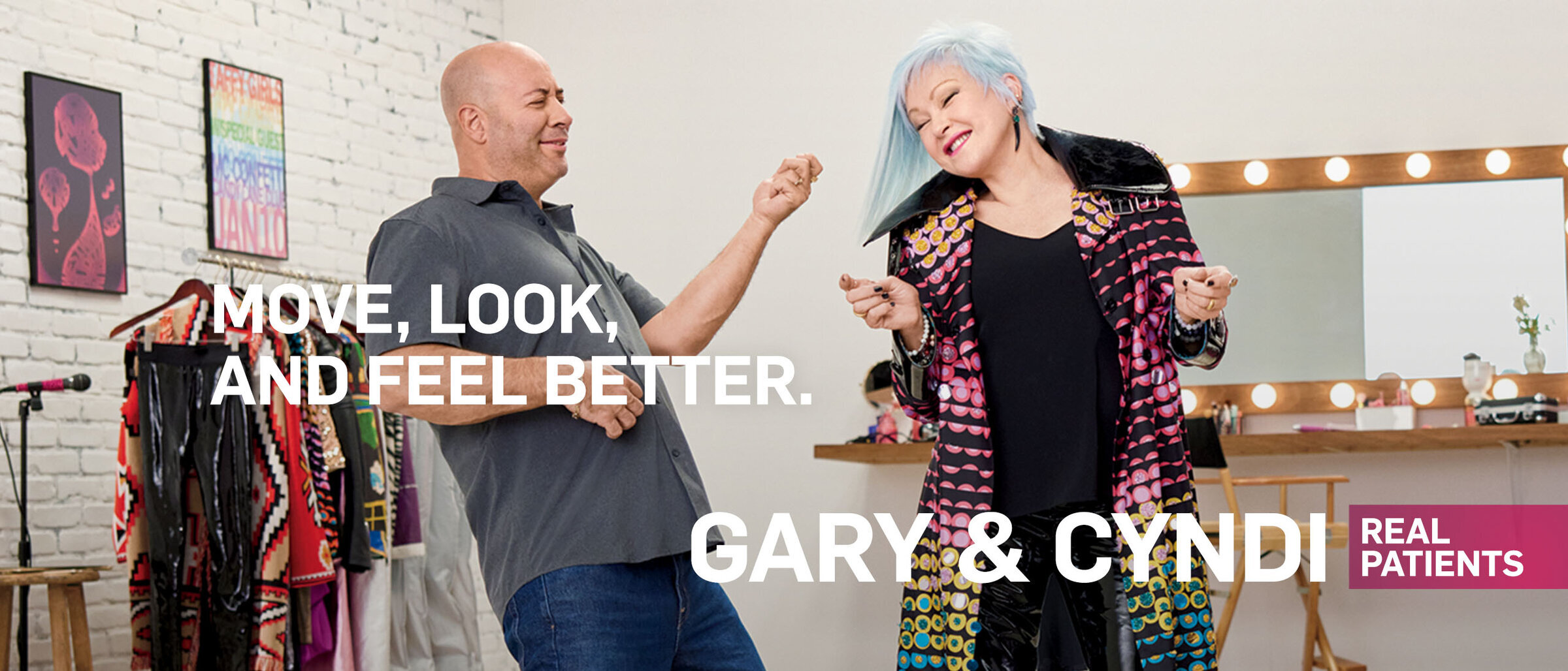 Move, look and feel better. Gary and Cyndi, real patients. Gary is an actual patient with PsO and PsA. Cyndi is an actual patient with PsO.