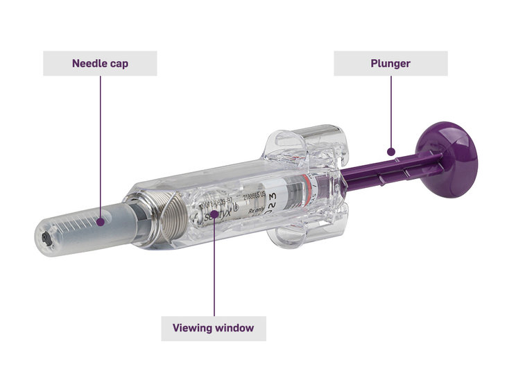 Components of COSENTYX® PREFILLED syringe including syringe guard, plunger, viewing window.