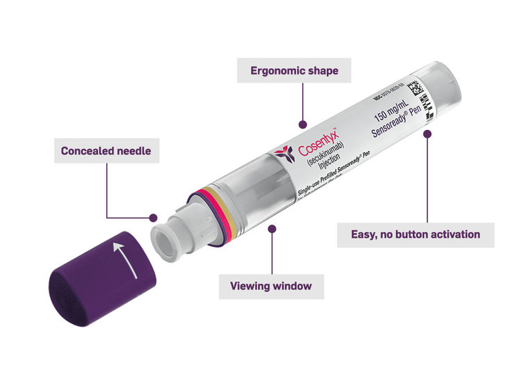 Components of COSENTYX® SENSOREADY pen including concealed needle, ergonomic shape, viewing window, easy, no button activation.