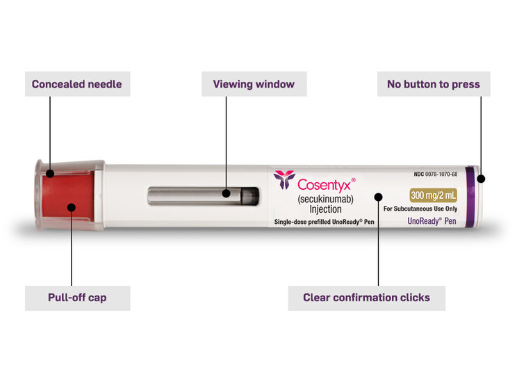Components of COSENTYX® UnoReady pen including concealed needle, viewing window, easy, no-button to press, latex free, pull off cap, clear confirmation clicks.